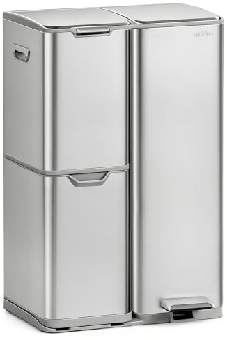 mVm Kitchen Bin,60L Triple Rubbish Bin,3 Compartment Stainless Steel Pedal Bin,Recycling Bin with Soft-Close Lids and Plastic Inner Buckets,Fingerprint Proof,Odour Seal,Large Capacity Trash Can