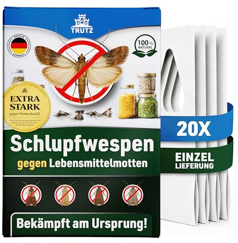 TRUTZ® Schlupfwespen gegen Lebensmittelmotten | 20 Karten à 1 Lieferung | Nachhaltig & Effektiv Lebensmittelmotten bekämpfen | Alternative zu Mottenspray, Mottenkugeln und Lebensmittelmotten Falle