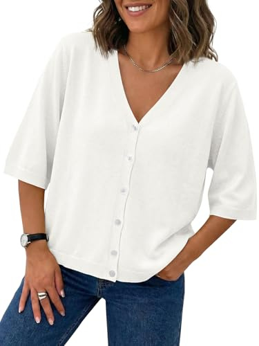 Saodimallsu Womens Half Short Sleeve Cardigans Summer Lightweight Knit V Neck Button Down Casual Sweater Tops White