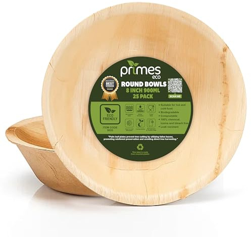 PRIMES ECO 25 PC Disposable Palm Leaf Round Bowls | Eco Friendly Biodegradable Compostable Soup, Salad, Pasta, Dessert Bowls | Sturdy Disposable Palm Leaf Tableware for Party and Catering (8 INCH)