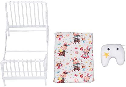 HPZIHUIT Puppenhausmöbel im Maßstab 1:12, Mini-Bett-Set, dekoratives Kissen, Metallrahmen, realistisches Miniaturbett, weiß (Hasenmuster)