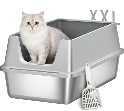 Fobyfurny Stainless Steel Cat Litter Tray, 60.5 x 40 x 29cm, XXL Light Grey | Large Capacity Metal Cat Litter Tray, High Sided Enclosure Cats Litter Box with Scoop, Easy to Clean