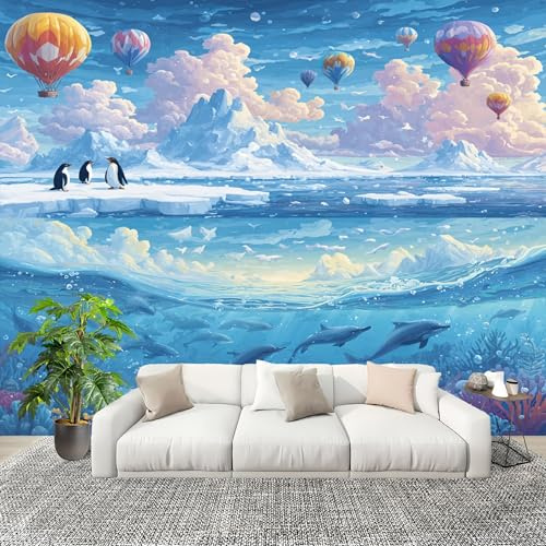 Vlies Fototapete Kinderzimmer Fantasy Pinguine Delfine HeißLuftballons Moderne Vliestapete Wandtapete, Fototapeten für Schlafzimmer, Wohnzimmer, Blau Kindertapete Wanddeko 300x210 cm