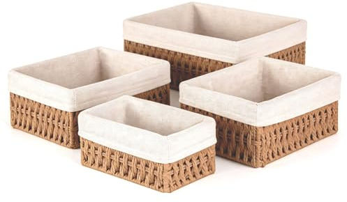 Handgeflochtener Aufbewahrungskorb mit Futter (4er Set) – Stapelbare Körbe aus recyceltem Papierseil in 4 Größen, für Bad, Make-up, Schrank & Tischplatte, Boho Deko