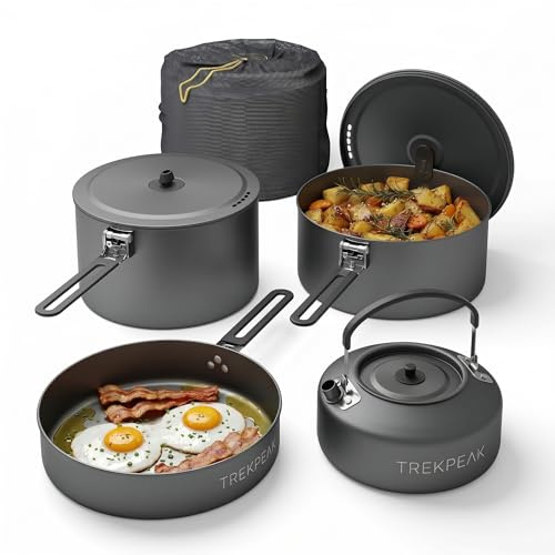 EVOCAMP Set pentole da campeggio 4 pezzi in alluminio, set cucina outdoor leggero e impilabile con manici pieghevoli e borsa da trasporto