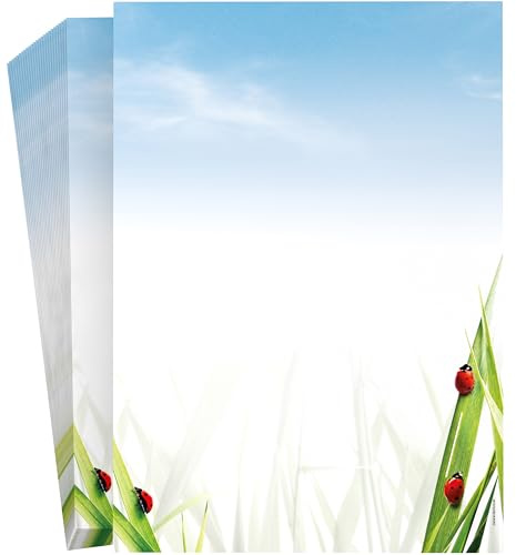 Briefpapier „Marienkäfer im Gras“ 50 Blatt DIN A4 – frisches Natur Design – Motivpapier für private & geschäftliche Briefe