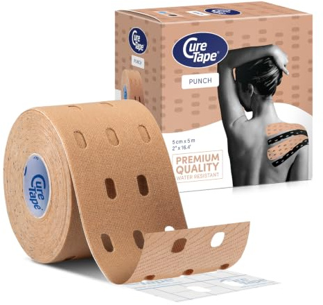 CureTape Punch 5 cm x 5 m - Perforiertes Kinesiologie Tape mit Lochmuster - Lymphdrainage Tape & Faszien Tape - Mehr Stretch & Atmungsaktiv - Muskel- und Gelenkunterstützung - Beige