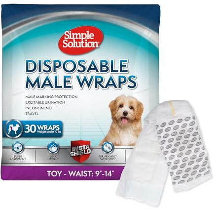 Simple Solution Disposable Male Wraps, Absorbent Leak Proof Belly Bands for Dogs, Incontinence Aid, Puppy Training, Marking Control, and Travel Protection, Toy Dogs, 9–14 Inch Waist, 30 Count