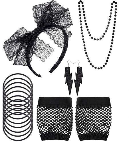 Blulu Diadema Pendinetes de Encaje de los Años 1980 Guantes de Red Collar Pulsera para Fiesta de 1980 (Negro Estilo A)
