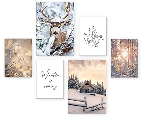 Kreative Feder Poster-Set | Winter | 6 Bilder Deko Wohnzimmer Modern Schlafzimmer Bild für Ihre Wand - optional mit Rahmen - 2 x DIN A3 & 4 x DIN A4 - ca. 30x40 & 20x30 (ohne Rahmen)