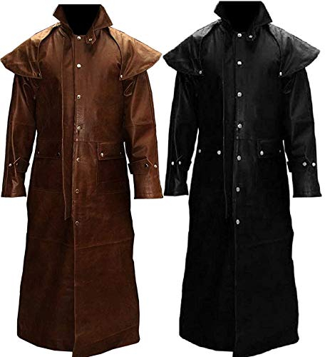 HiFacon Mens Real Black Leather Long Coat Duster Riding Hunting Steampunk Trench Matrix Coats