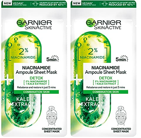 Garnier SkinActive Niacinamida - Mascarilla de tejido Ampolla Detox Purificante para pieles mixtas y grasas Acción antioxidante - 2 máscaras faciales desechables