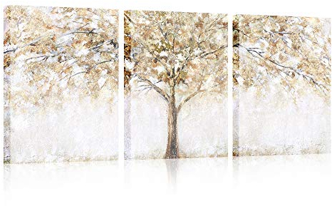 3 Pcs Marco de Madera Cuadro Modernos Lienzo Pintura Poster Autumn Árbol Imagen Foto Abstracto Amarillo Cuadros Decorativos Salon Dormitorio Comedor Pasillo Oficina Decoracion Pared 40cmx60cmx3