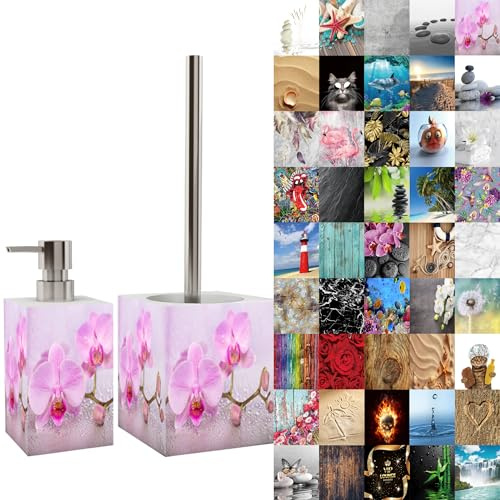 Sanilo Set di accessori per il bagno, dispenser di sapone e scopino WC, materiale di alta qualita, che attira l'attenzione in ogni bagno (Blooming)