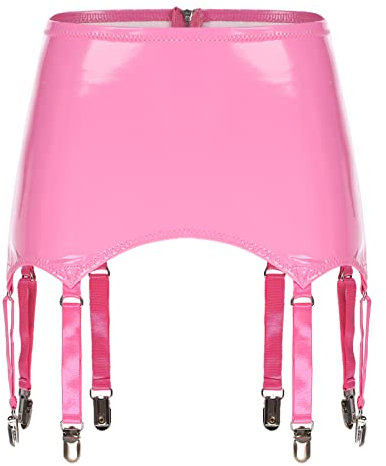 dPois Damen Strumpfgürtel Breit Lack Leder Strapsgürtel Hüftgürtel mit Clips Sexy Glänzend Unterwäsche Wetlook Strapse Dessous Rosa B S