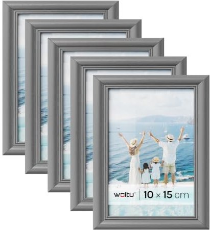 WOLTU Bilderrahmen 10x15, 5er set, Massivholz Fotorahmen mit Passepartout | Grau, Front aus PS-Platte, Posterrahmen zum vertikalen oder horizontalen Aufhängen und Aufstellen, Collage Wanddeko