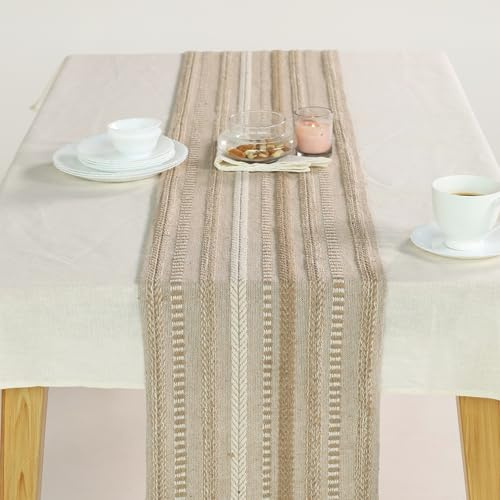 THE ART BOX Boho Tischläufer aus Baumwollstoff, elfenbeinfarben, 35,6 x 183,9 cm, Morden Farmhouse geflochtene Streifen, Küche, Esstisch, Läufer, Quaste, für Hochzeit, Heimdekoration