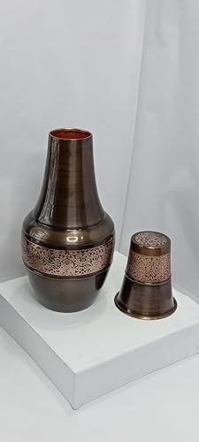 Hygge 1.4L (47.3 oz) Pure Copper Water Pitcher with Tumbler Lid – Antique Embossed Bedside Carafe for Home, Yoga, Travel – Eco-Friendly Copper Jug – Gift for Wellness, Hydration