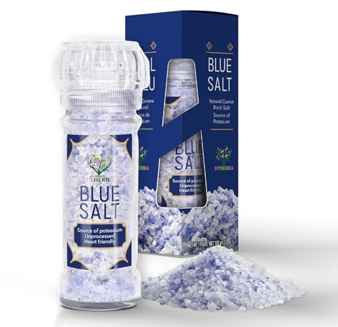 EUPHERBIA Blue Salt, Coarse, Rare Mineral Salt, High Potassium, Lower Sodium, Natural, Unprocessed, Hand Harvested, Kosher Certified, 100g (3.5 Oz)