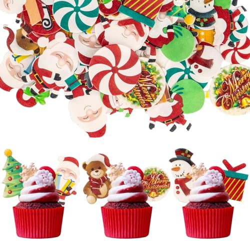 Gyufise 60Pcs Edible Christmas Cake Cupcake Decoration Edible Xmas Santa Claus Snowman Socks Cake Decorations Wafer Paper Holiday Cake Topper for Christmas Party Supplies