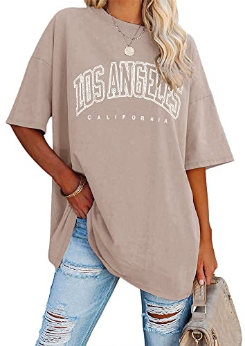 Ebifin Damen T Shirt Rundhals Oversize Vintage Oberteile | Los Angeles,Longshirt,Tunika,Sommer,Sport T Shirt,Basic,Baumwolle Top,Lang,Bluse