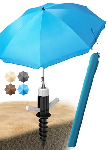 Menz Sonnenschirm Strand als Sonnenschutz Strand 3-IN-1 SET - UPF 50+ Strandschirm 180 cm in Blau + stabile Sonnenschirm Bodenhülse + robuste Sonnenschirmhülle