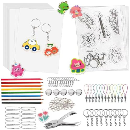 Altdeovk Schrumpffolie Set Schlüsselanhänger, A5 Schrumpffolie zum Bemalen,Gemustert Schrumpffolie Set für DIY Bastelset, Einschließlich Buntstifte,Lochstanzer,Ohrhaken (125)