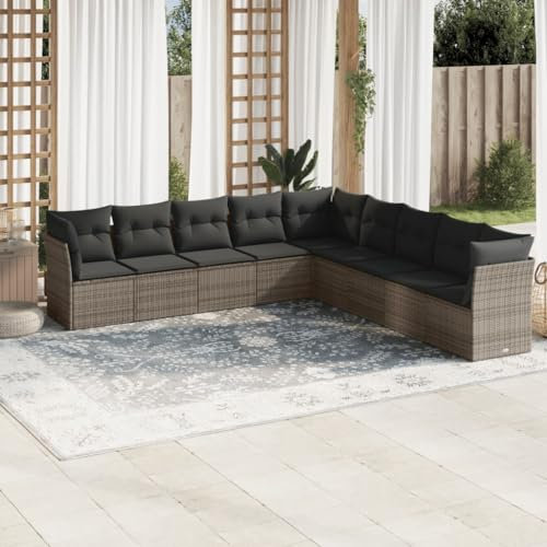 CIADAZ 9-TLG. Garten-Sofagarnitur mit Kissen Grau Poly Rattan, Lounge Gartenmöbel Set, Möbelsets, Balkon Möbel, Gartenlounge, Gartensofa - 3217780
