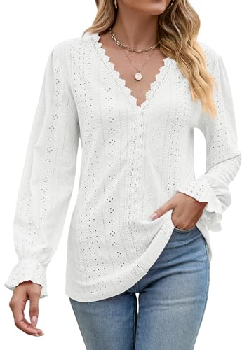 Atxnn Womens Tops Lace V Neck Blouses Elegant Eyelet Shirts Long Sleeve Tunic Top with Ruffled Cuffs for Spring Fall, White Large
