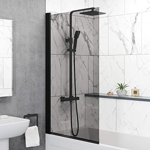 BAYSTONE Over Bath Shower Screen Frameless Black Square 6mm Safety Glass Panel 800mm