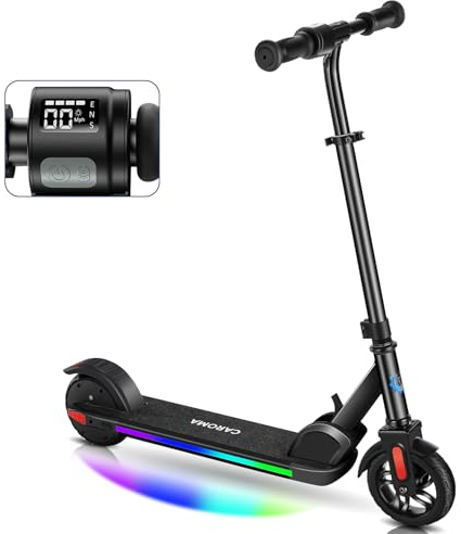 Caroma E Scooter für Kinder Alter 6-14, 150W Motor, 16 km/h, 80 mins Fahrzeit, einstellbare Geschwindigkeit und Höhe, Bunte Lichter, LED-Anzeige, Faltbarer Kinder Elektroroller