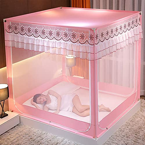 itonc Bett Vorhang Für Betten Luxus Prinzessin 3 Seite Türen Baldachin Bett Vorhang 360° Anti-Netting Bettwäsche Zelt Einfache Installation,Rosa,180 * 195Cm
