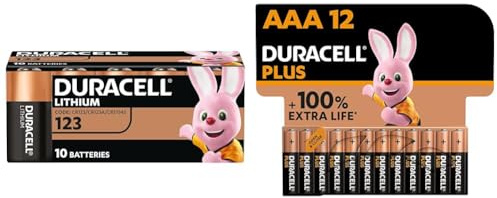 DURACELL CR123 (10 Pack) high power lithium battery 3V(CR123A /CR17345)–For use in Cameras & Plus AAA Batteries (12 Pack) - Alkaline 1.5V - Up To 100% Extra Life