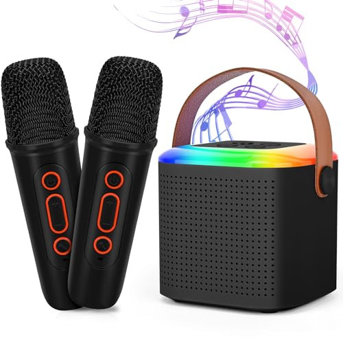 Mamowla Karaoke con Microfono Wireless Bambini, Microfono Karaoke Giocattoli con 2 Microfoni Wireless Bluetooth, Microfono Wireless Karaoke con luce LED Portatile per Principianti/Bambini, Nero
