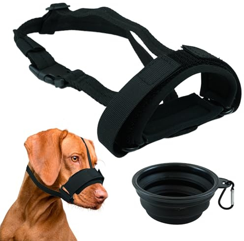 OKIDO Bozal para Perros Ajustable con Tira de Seguridad + Cuenco Plegable | Bozales para Perros Pequeños, Medianos y Grandes, Ideal para Adiestramiento (XXL)