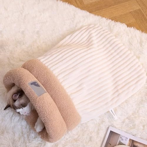 Bettschlange Katzenschlafsack, Warm Katzenbett, Bequemes Katzen Schlafsack, Cat Sleeping Bag, Haustierhöhlenbett, Warmes Katzennest im Herbst und Winter,M: 44 x 37 x 31 cm,Beige