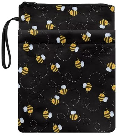 Wanyint Buchhüllen für Taschenbuch, waschbarer Stoff, Buchschutz für Buchliebhaber, 29 x 22 cm, mit Reißverschluss, Bienen-Schwarz