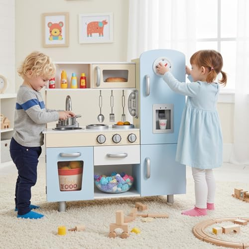 Clevich Cucina Giocattolo in Legno per Bambini con Accessori Completi, Include Gelatiera, Telefono, Orologio, Forno, Cucuna di Gioco per Ruoli, 81x74x29 cm, Cucina Bambini, Blu