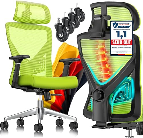 KESSER® Bürostuhl Ergonomisch mit verstellbaren Armlehnen | Drehstuhl mit Lendenwirbelstütze Rückenschonend | Schreibtischstuhl mit Kopfstütze | Office Chair Wippfunktion bis 125° mit 5X Gummirollen