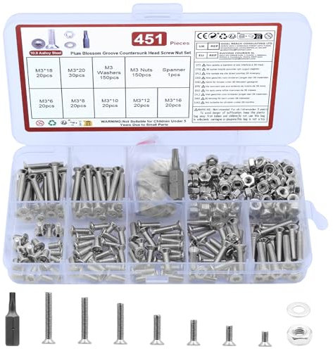 451 Pièces Set de Vis M3, Vis à Tête Fraisée Torx, Boulons à Tête Plate Torx, Boulons et écrous et rondelles Set, Visser et écrous, avec Clé (M3, Argent)