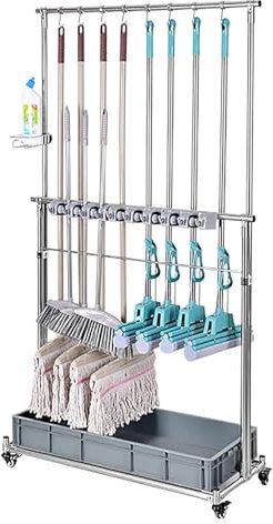 Soporte para Fregonas Estante móvil for fregona montado en el suelo, almacenamiento de carro de herramientas de limpieza, fregonas húmedas, carros de limpieza con ruedas, for jardín, garaje, escuelas,