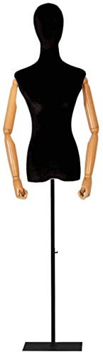 SHANYAYALI Weibliche Schaufensterpuppe Torso Körperkopf Kleid Form mit Metallsockel Ständer Holzarme für Kleidung Kleid Schmuck (schwarz)