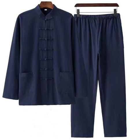 DAYKET Abbigliamento Tai Chi da Uomo, Uniforme Tradizionale Cinese per Arti Marziali, Set di Kung Fu in Cotone e Lino, Camicia a Maniche Lunghe, Pantaloni e Completo,Blue-5XL