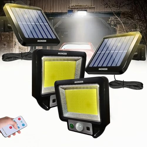 MONZER Proiettore solare esterno, 117LED/3000LM illuminazione potente, lampada solare con sensore di movimento, telecomando 3 modalità, IP65 LED faretto solare di sicurezza per giardino garage [2