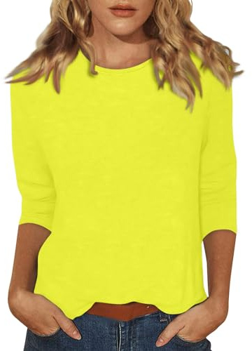 Long T Shirts for Women UK Womens Top Ladies Summer 3/4 Sleeve Tops for Women UK Crew Neck Dressy Casual Tunic Blouses T-Shirts Yellow XL