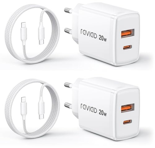 RAVIAD 20W Cargador para iPhone Carga Rapida, 2Pcs Cargador USB C Carregador Enchufe Rapido con Cable USB C a Lightning 1M, Compatible con iPhone 14/13/12/11/Pro/Pro MAX/iPad 5/6/7/8/9/Mini 2/3/4/5