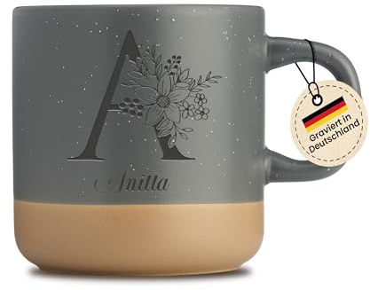 Personalisierte Gravur mit Namen - Tasse - mit Blumen - Geburtstag - Geschenk für Frauen - Anfangsbuchstaben - Wunschnamen - Grau