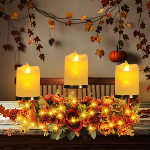 Kerzenständer mit LED, Herbst Kerzenhalter Stumpenkerzen, Herbstdeko Tisch Kerzenständer mit 3 Armen Metall Tablett, Rose Ahornblatt Hortensie Tischdeko Herbst Kerzenhalter,Thanksgiving Deko (Schwarz)