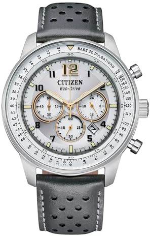 CITIZEN Men's Eco-Drive Sport Casual Chronograph Watch, Gray Leather Strap, Silver-Tone Dial, Chronograph, Date (Model: CA4500-24H)