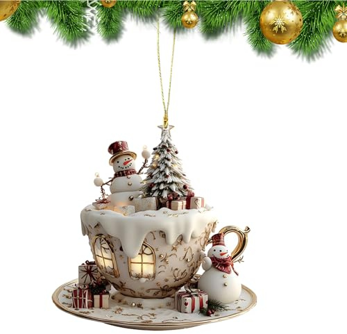 Christmas Ornaments, Decorazioni Albero di Natale, Pendente Bidimensionale Casa della Neve a Forma di Tazza Caffè per Uomo Donna Giovane Scrivania Libreria Auto Interno Borsa